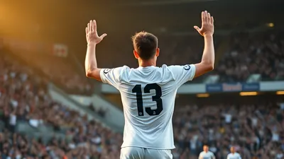 A dramatic low-angle shot of Elijah Just in a plain white Swansea City kit, leaping in celebration after scoring his...