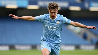 A photorealistic image of a Swansea City player, in the team's blue kit, with a white shirt and blue shorts, and blue socks