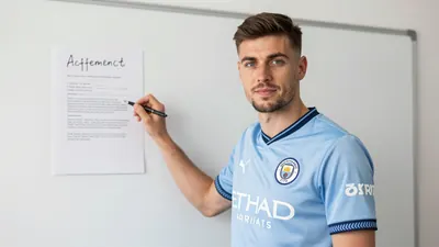 A 30-year-old Scotland international in a Swansea City kit, with a confident expression, holding a pen and standing in...