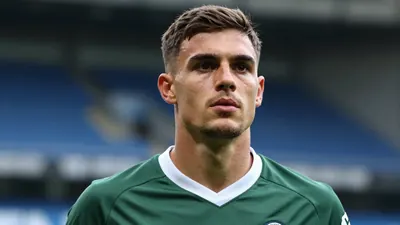 Mid-30s anonymous Swansea City midfielder, athletic build, intense gaze, head-and-shoulders shot, dark green and white...
