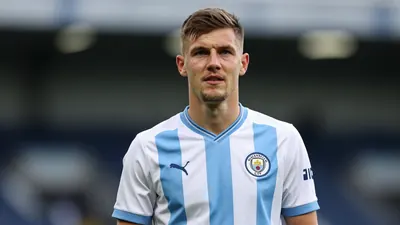 A photorealistic image of a 24-year-old Slovenian striker, wearing a Swansea City jersey in the team's home kit colours...