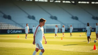 A group of teenage footballers in plain white and navy training kits, mid-celebration on a dewy Welsh pitch, one player...