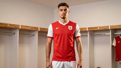 A tight waist-up shot of a young, athletic-looking man in his mid-twenties, wearing a red jersey with white sleeves and a...