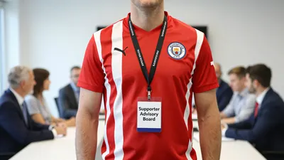 A Swansea City supporter in a red and white striped shirt, mid-30s, wearing a lanyard with a 'Supporter Advisory Board'...