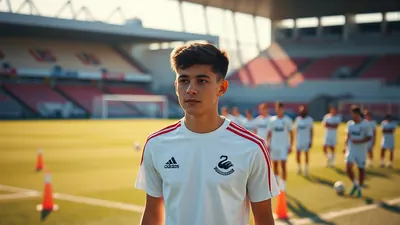 Teenage footballer in plain white and black kit signing a contract on a wooden table, focused expression, sweat on brow...
